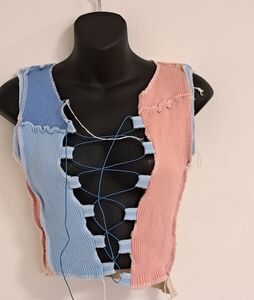 Immodel Pink and Blue Asymmetrical Crop Distressed Tank Top Misses Medium
